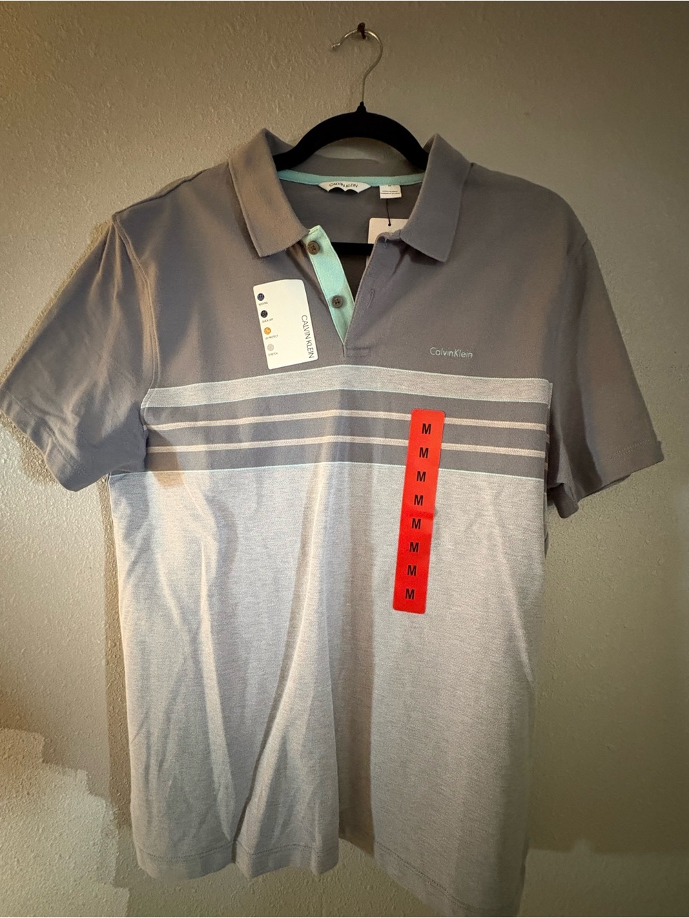Calvin Klein Men's Two-Tone Gray Polo with Mint Green Stripe Detail NWT Medium